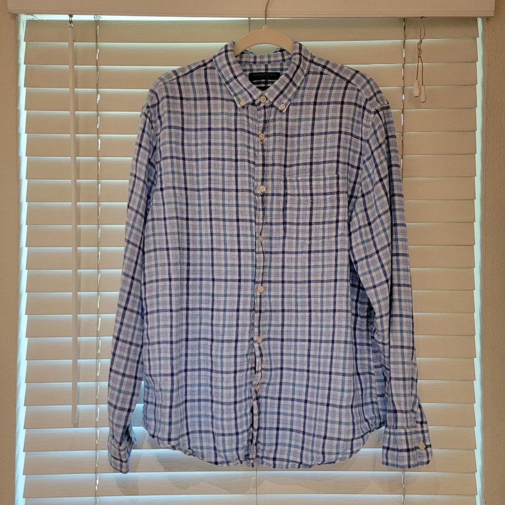 Banana Republic Linen Shirt Mens Large Blue White Plaid Camden Fit Button Up